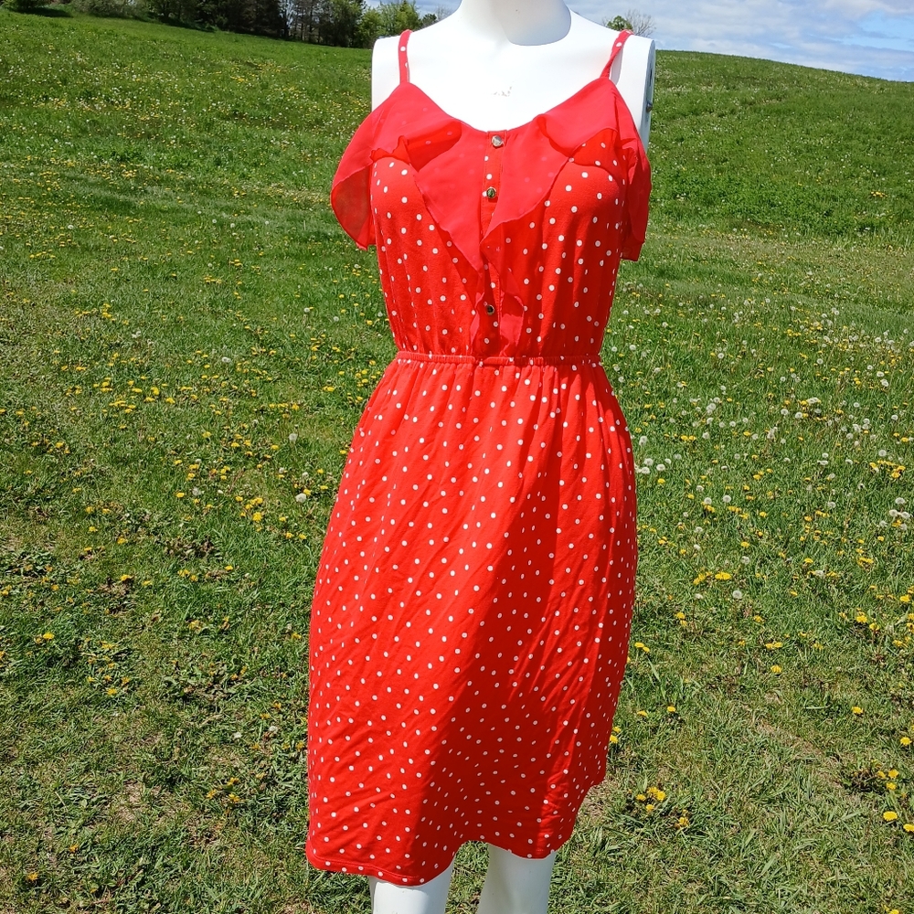ELLE Red White Polka Dot Dress Spaghetti Straps Ruffles Fit n Flare Size S Small